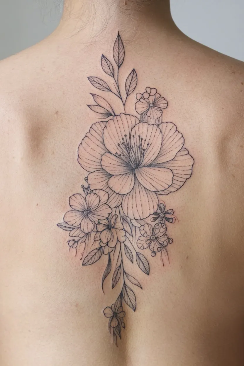 Fine Line florales Wirbelsaeulen Tatto