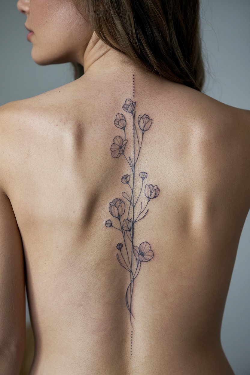 Florales Wirbelsaeulen Tattoo auf einer geraden Linie