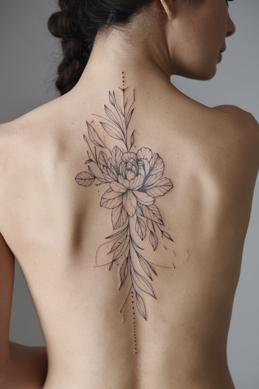 Florales Wirbelsaeulen Tattoo mit Ornamenten