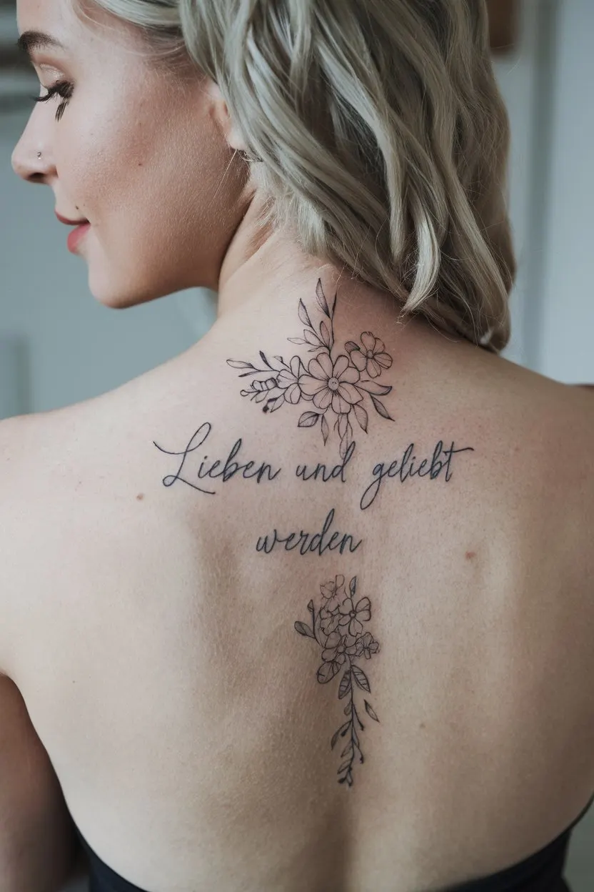 Florales Wirbelsaeulentattoo mit kleiner Schrift