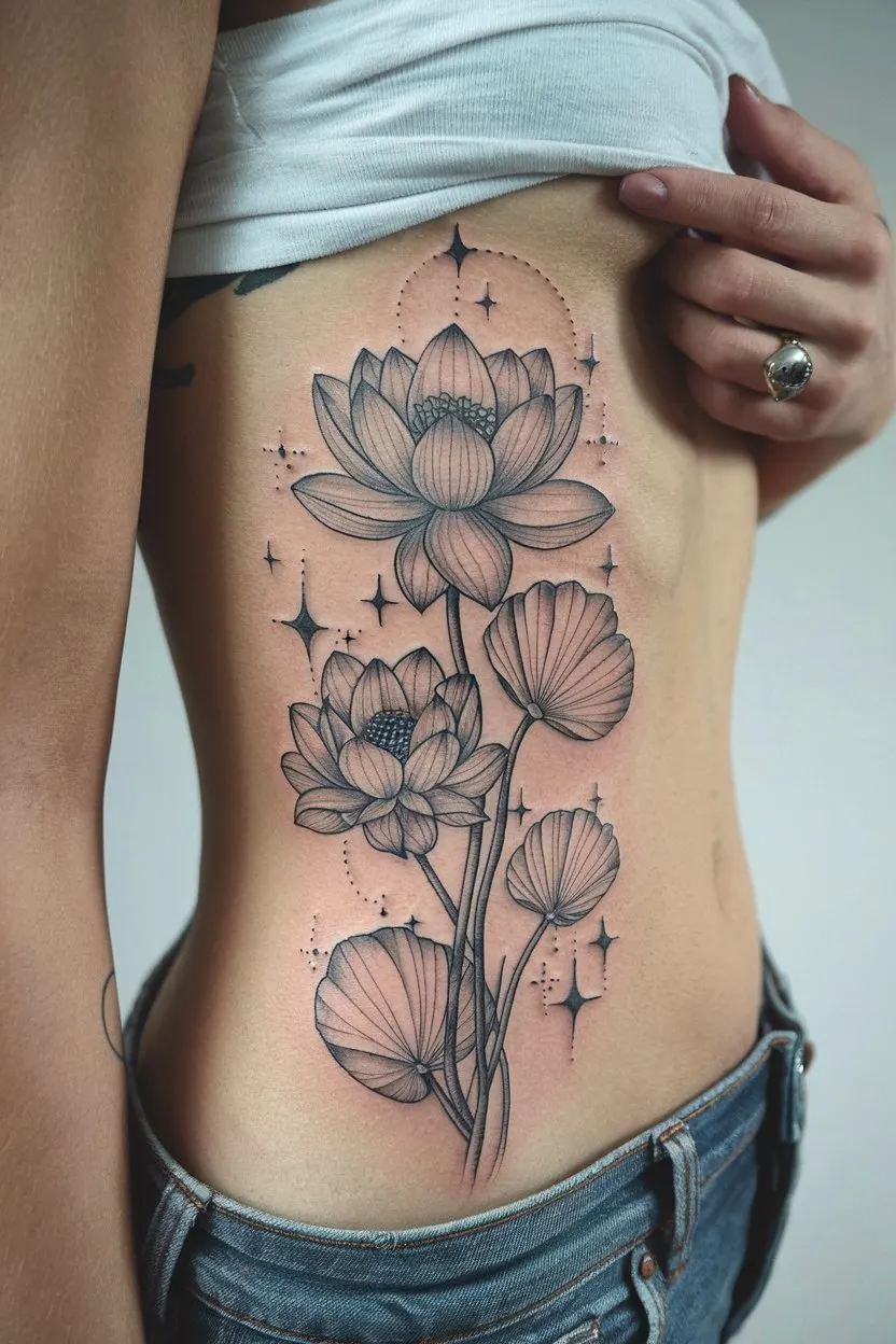 Großes Lotusblumen Tattoo auf dem Bauch