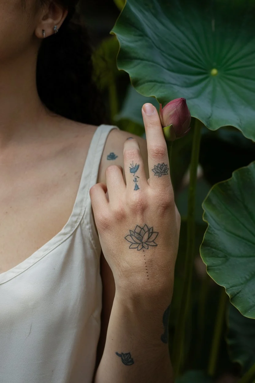 Hand und Finger Kleiner dunkler Lotus