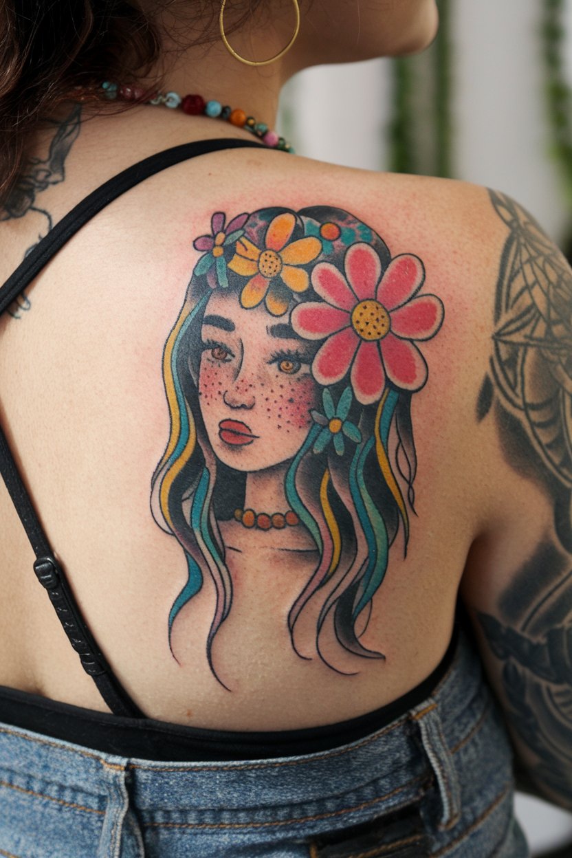 Hippie Tattoo mit Blumenhaaren