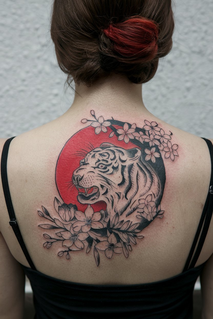 Japanisches Ruecken-Tattoo mit feinen Linien