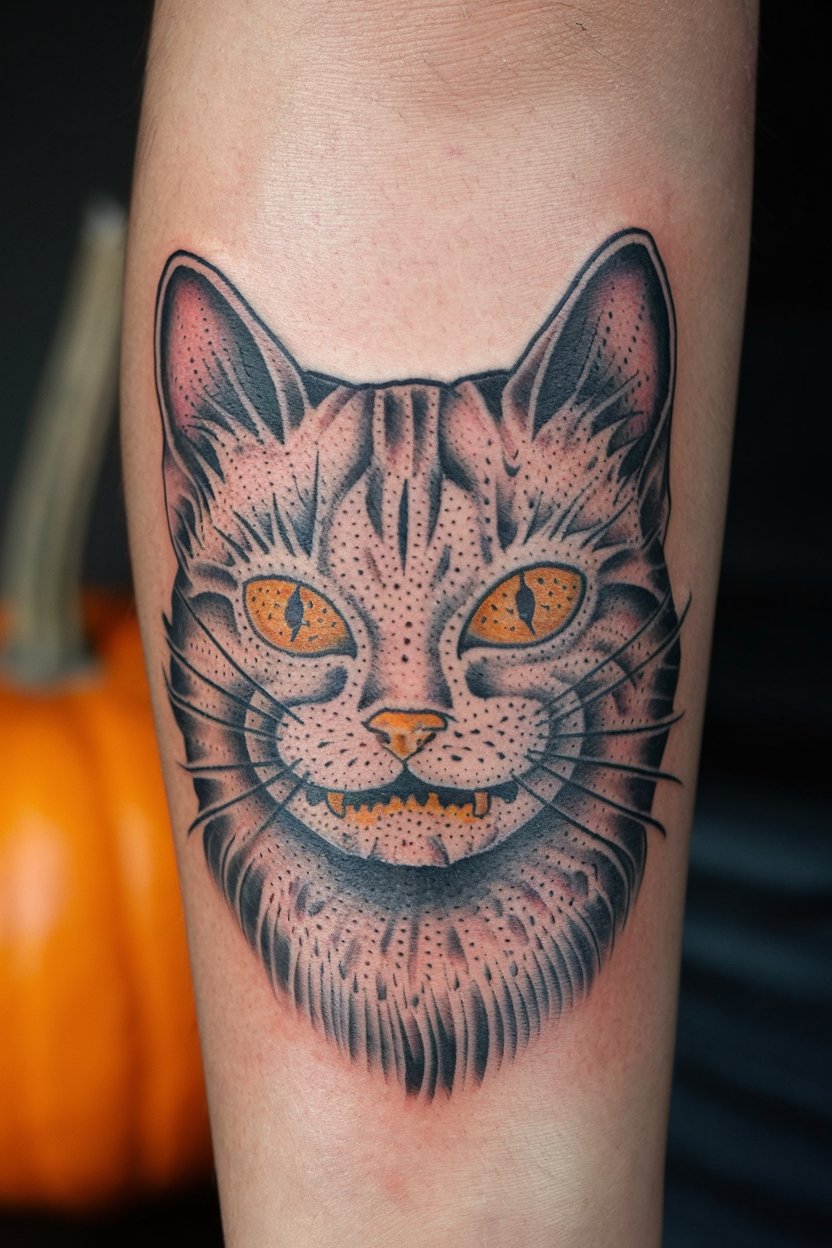 Katzen Tattoo im Halloween Stil