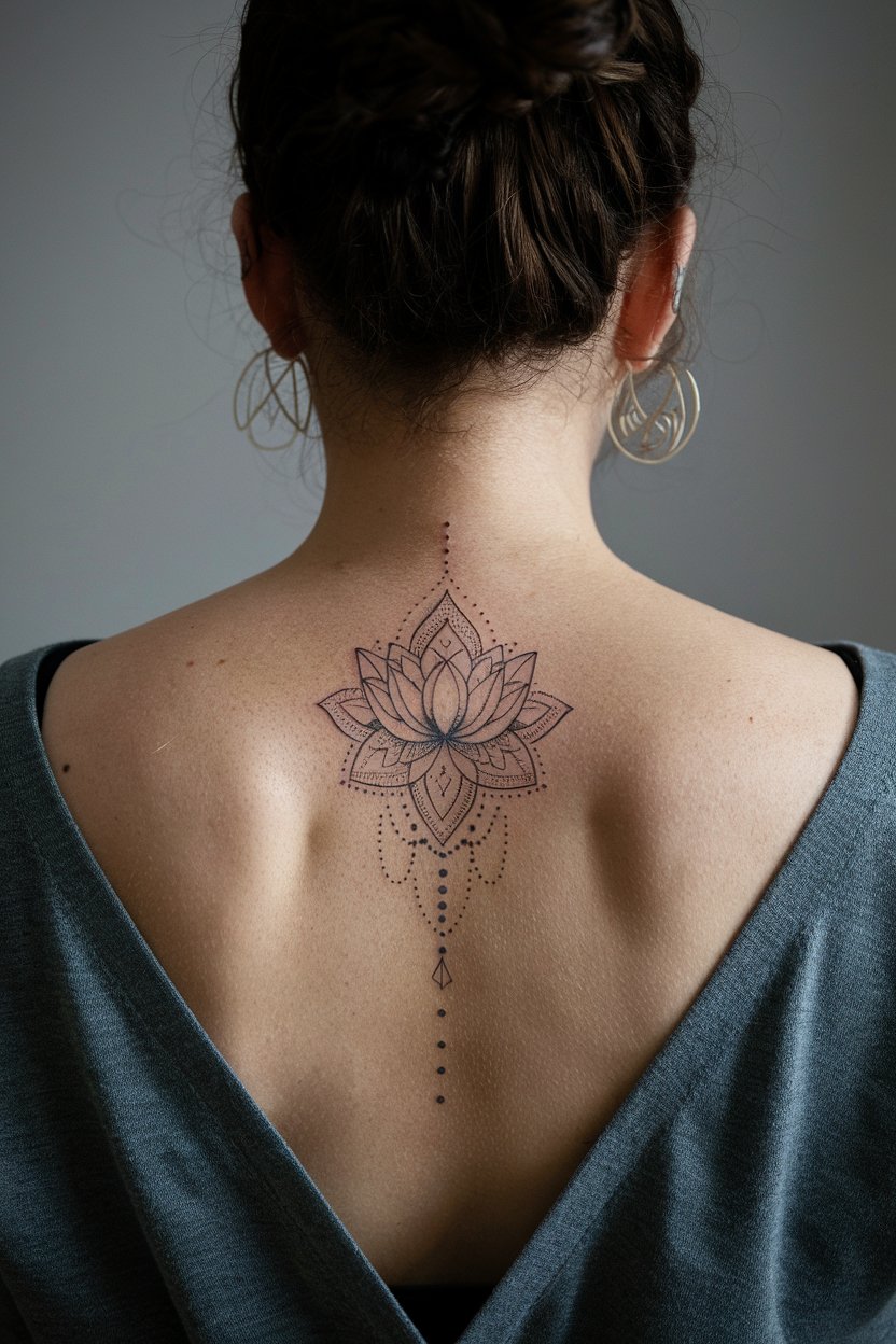 Kleiner Lotus und Mandala Rueckentattoo