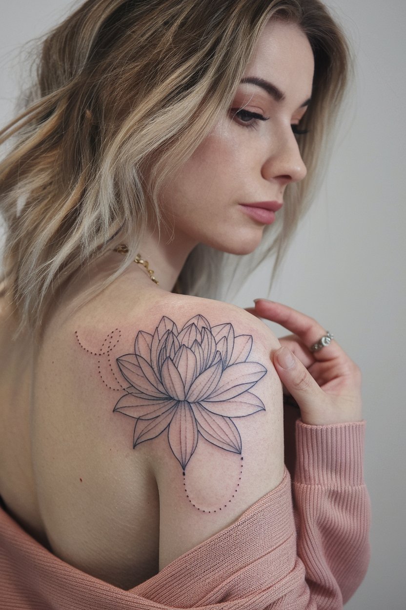 Kuenstlerisches Lotusblumen Tattoo mit feinen Linien