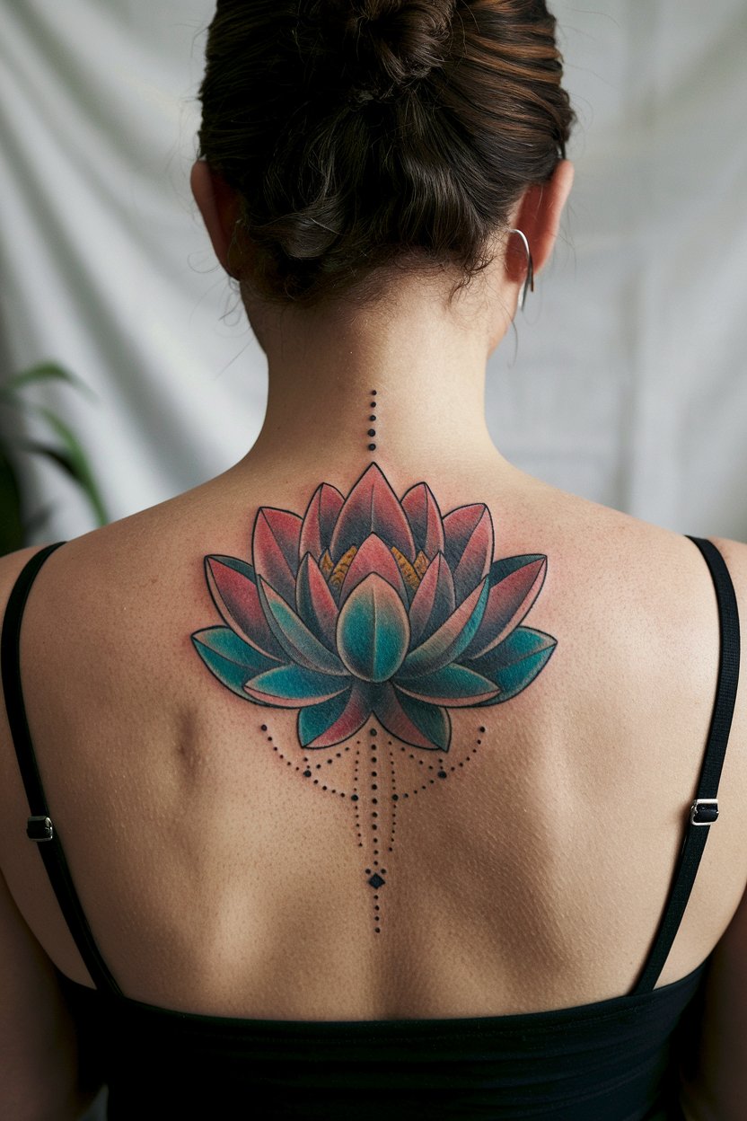 Kuenstlerisches und farbenfrohes Lotus Ruecken Tattoo