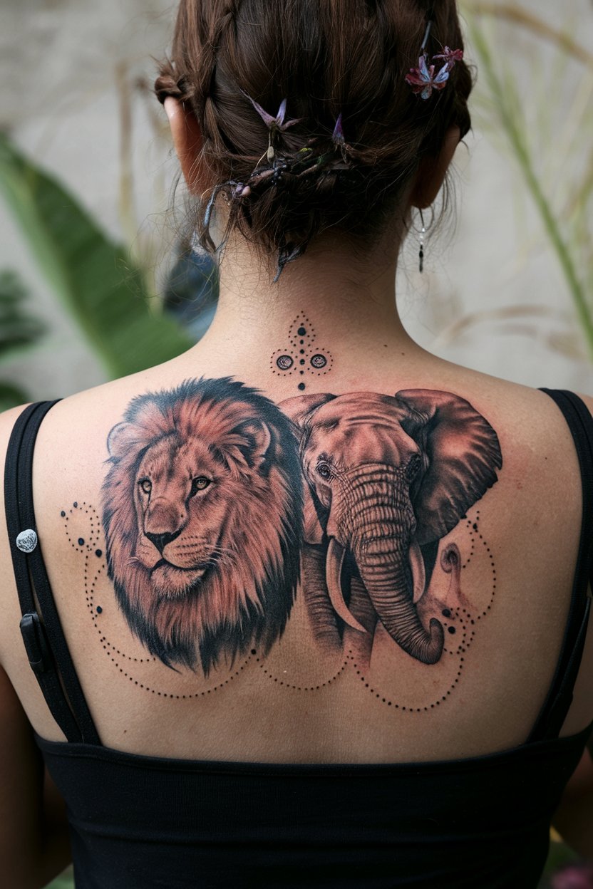 Loewe und Elefant tattoo