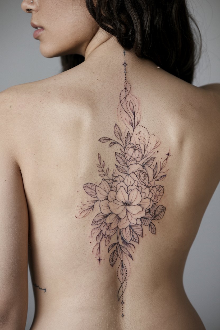 Magisches florales Wirbelsaeulen Tattoo