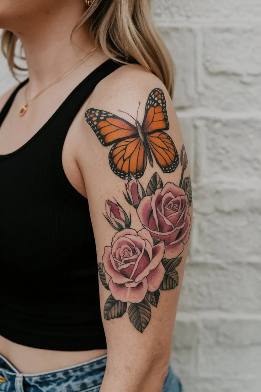 Monarch-Schmetterling und Rosen