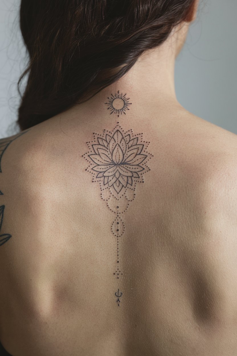 Ornamentales Sonnen und Lotus Tatto