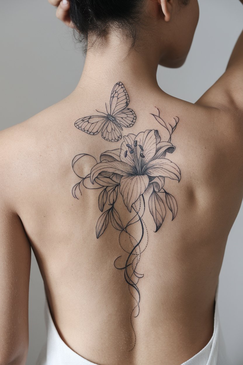 Schmetterling und Blume Wirbelsaeulen Tattoo