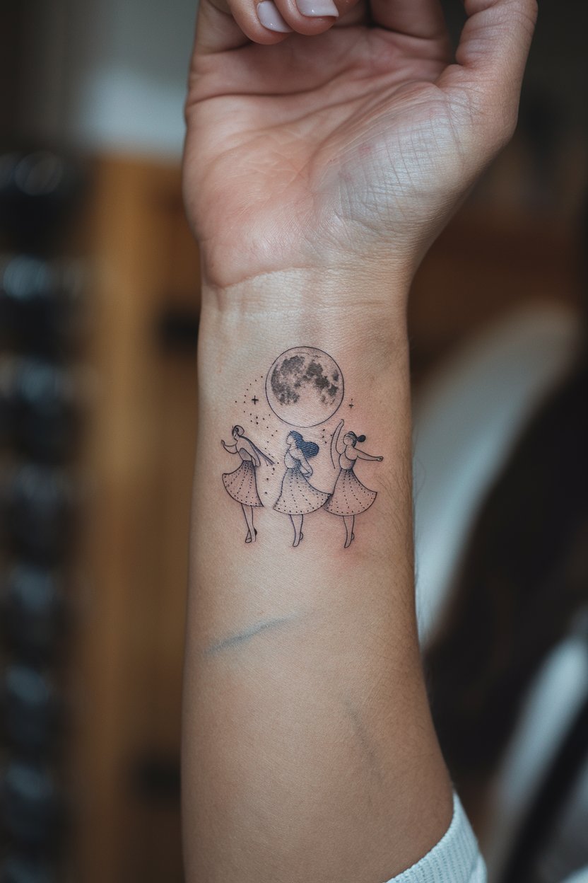 Unter dem Mond tanzende Frauen tattoo