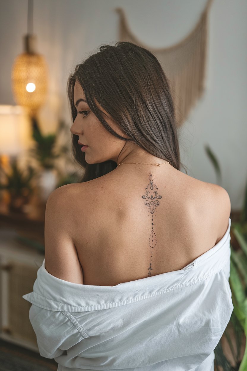 Wirbelsaeulen Tattoo mit ornamentalen Elementen und winzigen Blumen