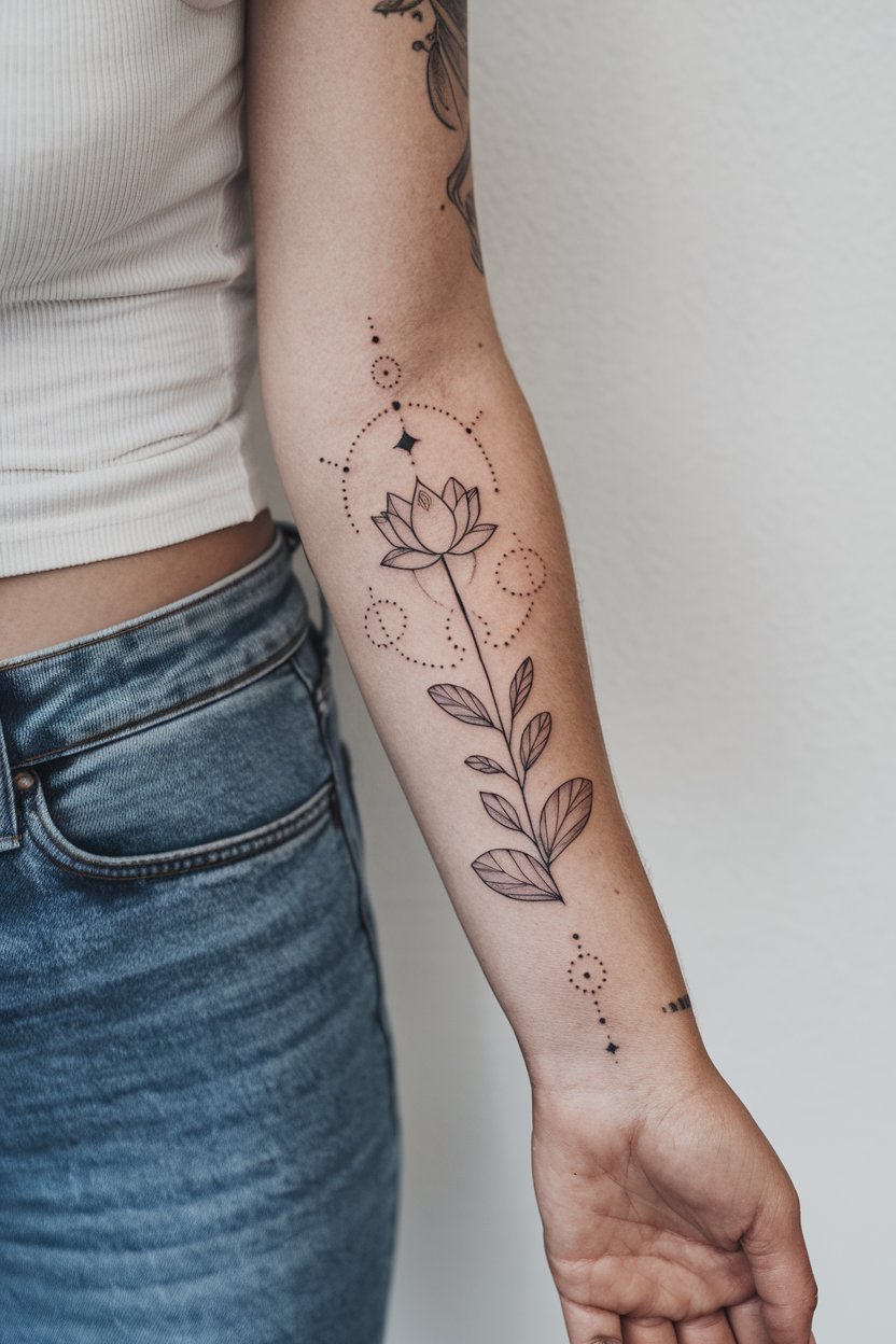 Zierliches und detailliertes Unterarm Lotusblueten Tattoo