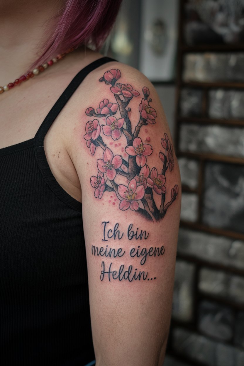 Zitat mit bluehenden Blumen tattoo