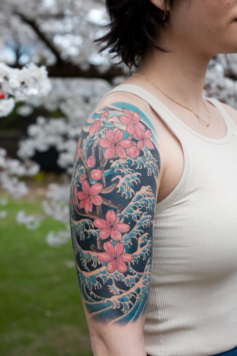 Blumen und Wellen Tattoo