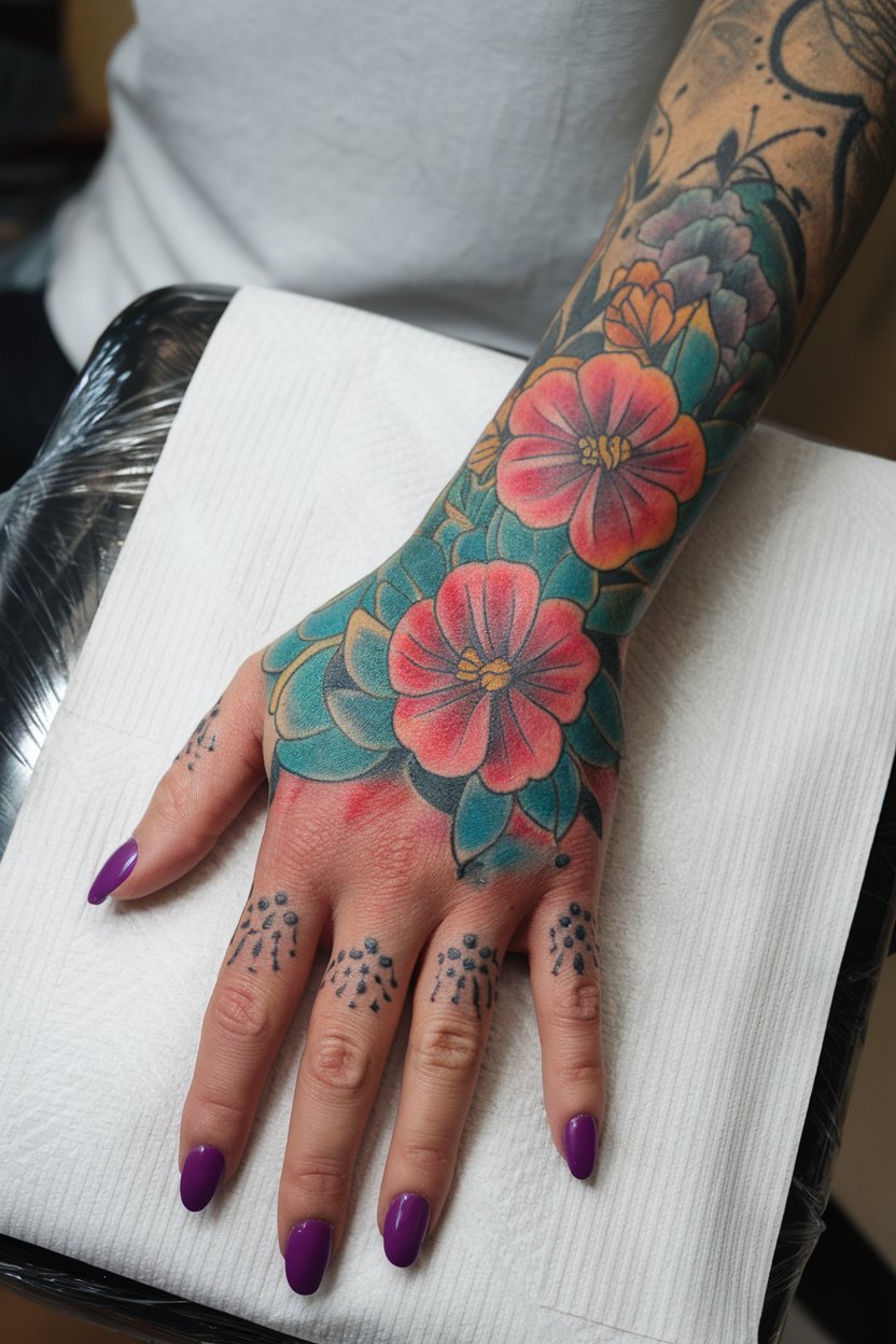 Buntes Hand-Tattoo