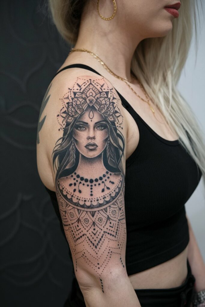 Feminines und kraftvolles Mandala aermel-Tattoo