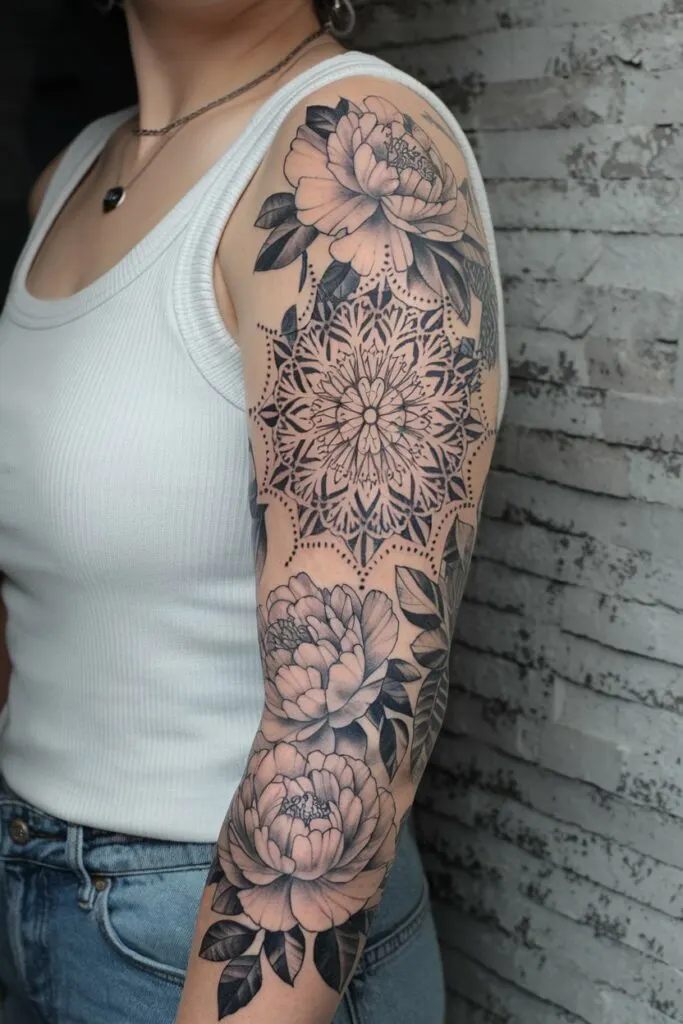 Mandala-Tattoo mit Pfingstrosen und Mustern