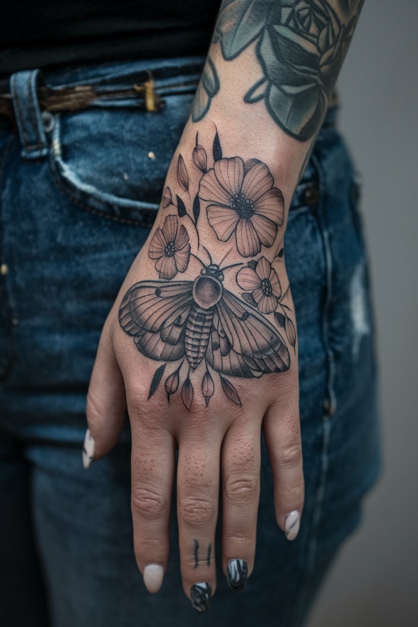 Motte und Blumen Hand-Tattoo