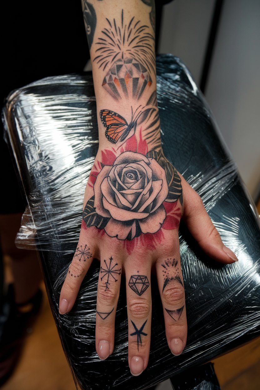 Patchwork-Tattoo fuer die ganze Hand