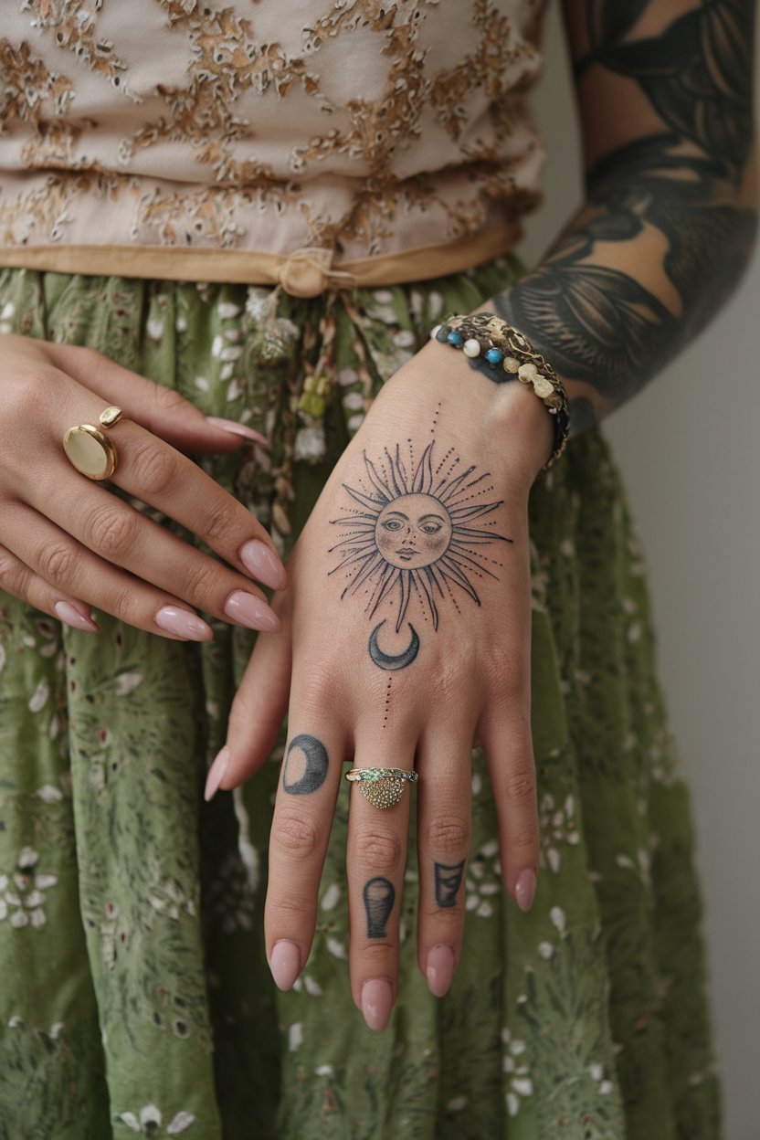 Sonne und Mond Hand Tattoo